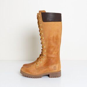 Timberland Premium 14-Inch Waterproof Boot Wheat Nubuck Leather Lug Sole Brown